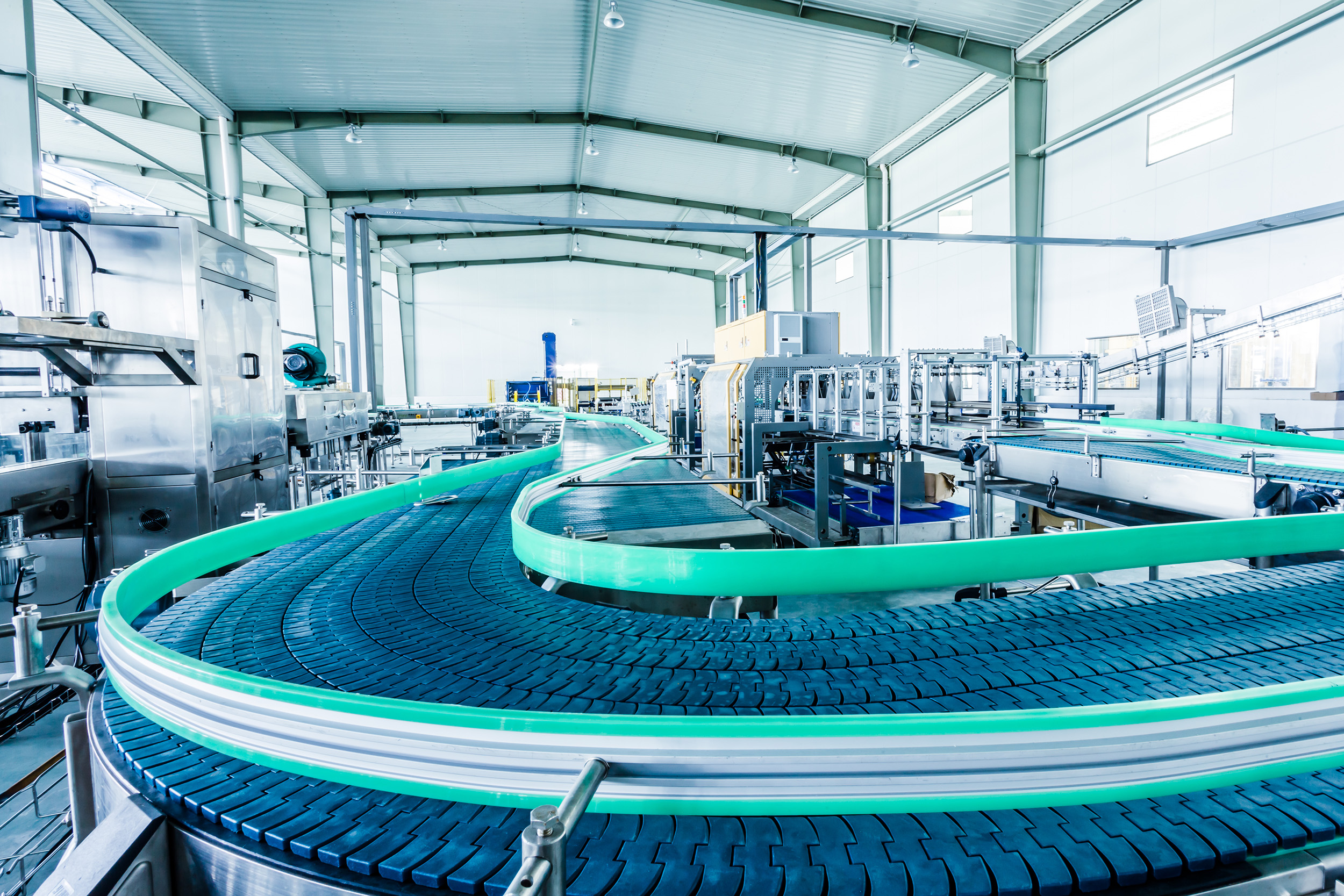 View of an assembly line belt without products on it.