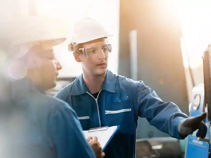 A worker in a hard hat instructs another worker.